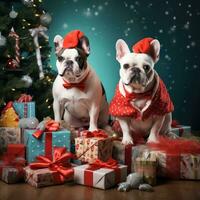 AI generated Cute dog puppy with christmas gift boxes concept photo poster merry present red new year