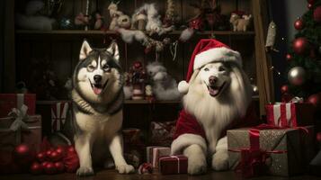 ai generado linda perro perrito con Navidad regalo cajas concepto foto póster alegre presente rojo nuevo año