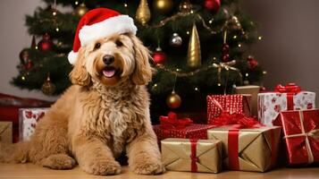 AI generated Cute dog puppy with christmas gift boxes concept photo poster merry present red new year