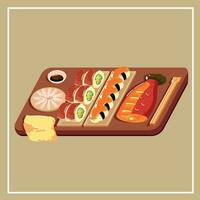 various types of delicious sushi served on a tray vector