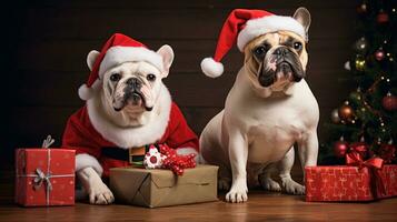 AI generated Cute dog puppy with christmas gift boxes concept photo poster merry present red new year