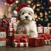 AI generated Cute dog husky wolf puppy with christmas gift boxes concept photo poster merry present red new year