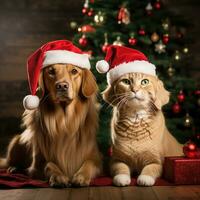 ai generado linda perro perrito perdiguero con Navidad regalo cajas concepto foto póster alegre presente rojo nuevo año