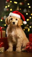 AI generated Cute dog puppy retriever with christmas gift boxes concept photo poster merry present red new year