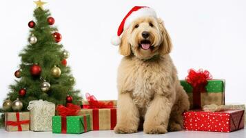 AI generated Cute dog puppy retriever with christmas gift boxes concept photo poster merry present red new year