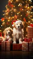 AI generated Cute dog puppy retriever with christmas gift boxes concept photo poster merry present red new year