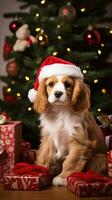 AI generated Cute dog puppy retriever with christmas gift boxes concept photo poster merry present red new year