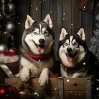 AI generated Cute dog husky wolf puppy with christmas gift boxes concept photo poster merry present red new year