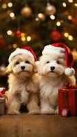 AI generated Cute dog puppy retriever with christmas gift boxes concept photo poster merry present red new year