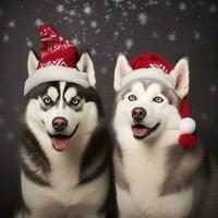 AI generated Cute dog husky wolf puppy with christmas gift boxes concept photo poster merry present red new year