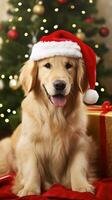 AI generated Cute dog puppy retriever with christmas gift boxes concept photo poster merry present red new year