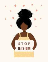 Stop racism and violence. Black lives matters. African woman cartoon character. I can not breathe. Social poster and web banner. Modern vector illustration in flat style.