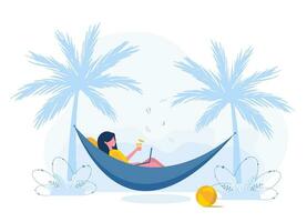 Womens freelance. Girl with laptop lies in hammock under palm trees with cocktail. Concept illustration for working outdoors, studying, communication, healthy lifestyle. Flat style. vector