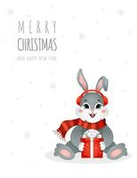 Christmas card with cute bunny in red santa hat. Season greetings. Merry christmas and happy New year. Vector illustration in cartoon style. Chinese new year 2023 symbol. Invitation template