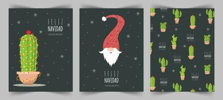 Feliz navidad cards with cute christmas elf and cactuses. Season greetings. vector