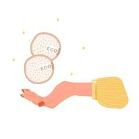 Washable cotton pad in female hand. Organic makeup remover wipe. Eco friendly products for skin care. Zero waste concept. Save the planet. Vector illustration in flat cartoon style