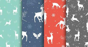 Set of seamless christmas patterns with reindeers and snowflakes. Beautiful winter or New Year backgrounds. Vector illustration in flat cartoon style. Perfect for fabric, package paper, wallpaper