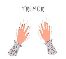 Tremor hands. Parkinson disease. Female arms with nails. Physiological stress symptoms. Vector illustration in flat cartoon style