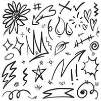 Conjunto de vectores de doodle de signo de expresión de dibujos animados dibujados a mano, flechas direccionales de curva, elementos de diseño de efectos de emoticonos, símbolos de emoción de personaje de dibujos animados, lindas líneas de trazo de pincel decorativo.