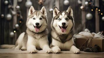 ai generado linda perro fornido lobo perrito con Navidad regalo cajas concepto foto póster alegre presente rojo nuevo año