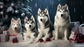 ai generado linda perro fornido lobo perrito con Navidad regalo cajas concepto foto póster alegre presente rojo nuevo año