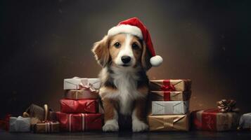 AI generated Cute dog husky wolf puppy with christmas gift boxes concept photo poster merry present red new year