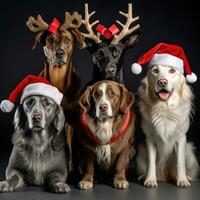 ai generado linda perro fornido lobo perrito con Navidad regalo cajas concepto foto póster alegre presente rojo nuevo año