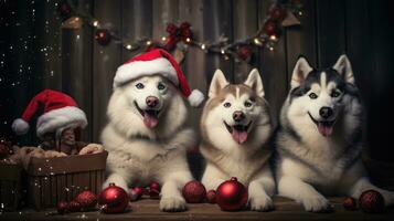 ai generado linda perro fornido lobo perrito con Navidad regalo cajas concepto foto póster alegre presente rojo nuevo año