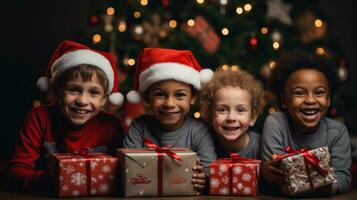 ai generado linda perro fornido lobo perrito con Navidad regalo cajas concepto foto póster alegre presente rojo nuevo año