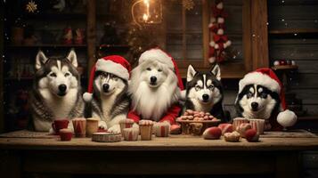 AI generated Cute dog husky wolf puppy with christmas gift boxes concept photo poster merry present red new year