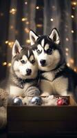 AI generated Cute dog husky wolf puppy with christmas gift boxes concept photo poster merry present red new year