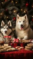 AI generated Cute dog husky wolf puppy with christmas gift boxes concept photo poster merry present red new year