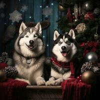 AI generated Cute dog husky wolf puppy with christmas gift boxes concept photo poster merry present red new year