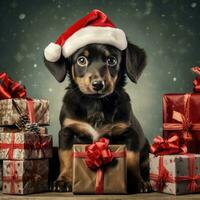 AI generated Cute dog husky wolf puppy with christmas gift boxes concept photo poster merry present red new year