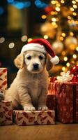 AI generated Cute dog husky wolf puppy with christmas gift boxes concept photo poster merry present red new year