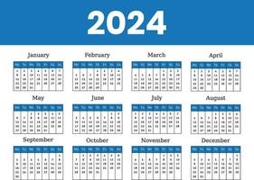 2024 years calendar. Calender layout. Week starts Sunday. Desk planner template with 12 months. Square organizer grid. Yearly stationery diary. Vector .Monthly calendar template blue and black
