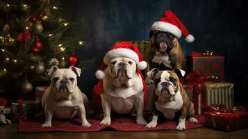 ai generado linda perro perrito perdiguero con Navidad regalo cajas concepto foto póster alegre presente rojo nuevo año