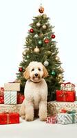 AI generated Cute dog puppy retriever with christmas gift boxes concept photo poster merry present red new year