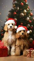 AI generated Cute dog puppy retriever with christmas gift boxes concept photo poster merry present red new year