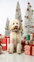 AI generated Cute dog puppy retriever with christmas gift boxes concept photo poster merry present red new year