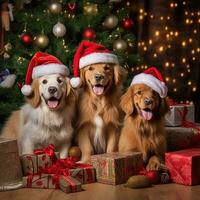 AI generated Cute dog puppy retriever with christmas gift boxes concept photo poster merry present red new year