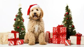 AI generated Cute dog puppy retriever with christmas gift boxes concept photo poster merry present red new year