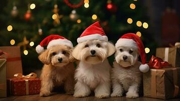 ai generado linda perro perrito perdiguero con Navidad regalo cajas concepto foto póster alegre presente rojo nuevo año