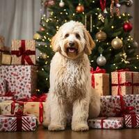 AI generated Cute dog puppy retriever with christmas gift boxes concept photo poster merry present red new year