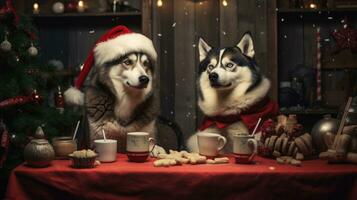 AI generated Cute dog husky wolf puppy with christmas gift boxes concept photo poster merry present red new year