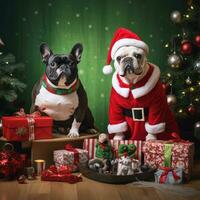 AI generated Cute dog puppy with christmas gift boxes concept photo poster merry present red new year