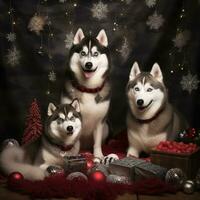 AI generated Cute dog husky wolf puppy with christmas gift boxes concept photo poster merry present red new year