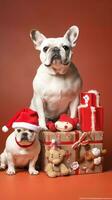 AI generated Cute dog puppy with christmas gift boxes concept photo poster merry present red new year