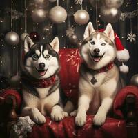 AI generated Cute dog puppy with christmas gift boxes concept photo poster merry present red new year