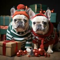 AI generated Cute dog puppy with christmas gift boxes concept photo poster merry present red new year